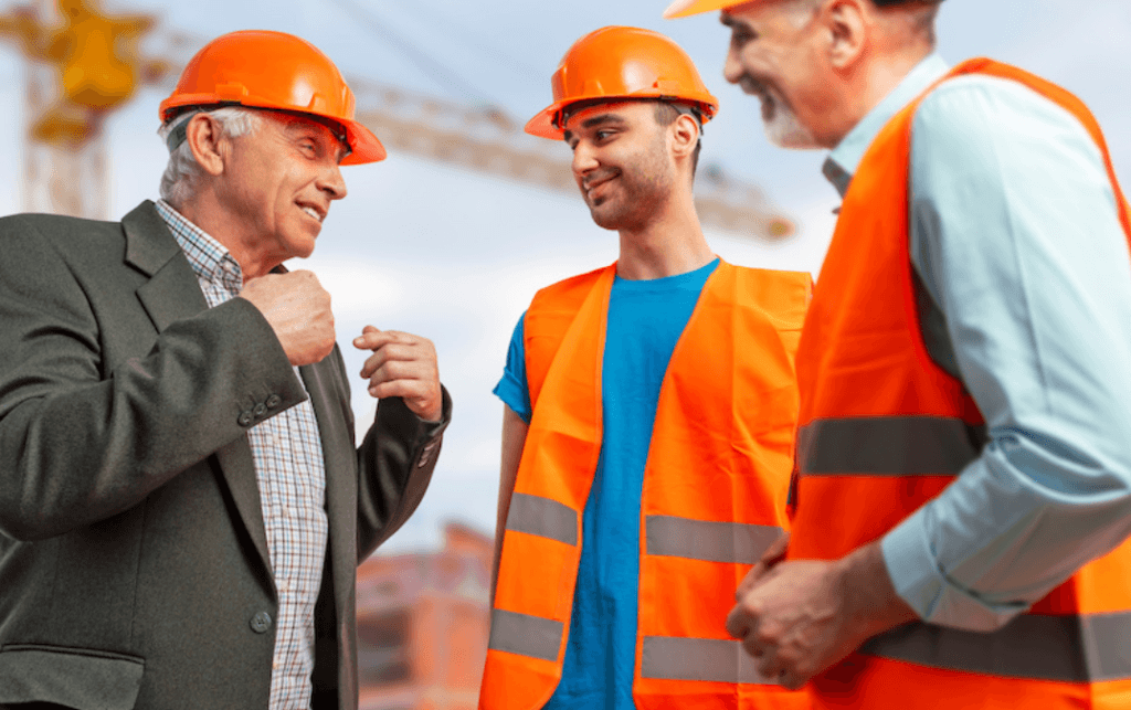 Construction manager interacting with construction workers at the job site