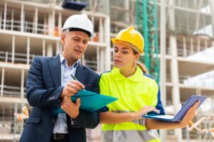 Construction project manager talking to a supervisor about how to reduce costs at the job site