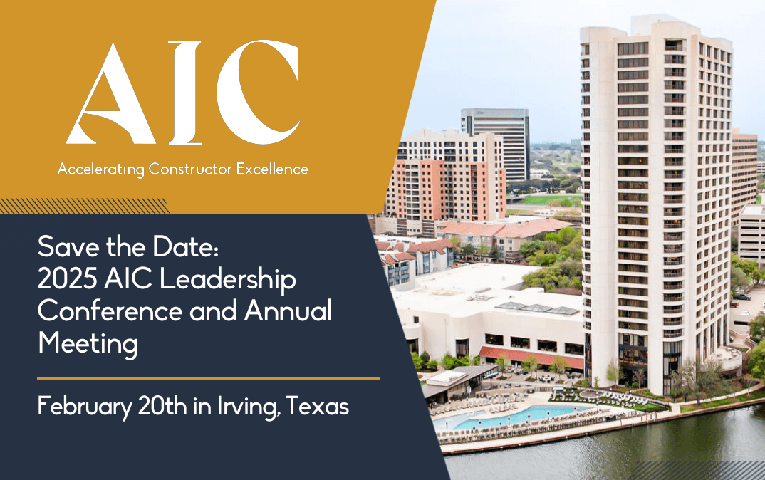 Promotional graphic for the 2025 AIC Leadership Conference and Annual Meeting that includes an image of the Omni Hotel Las Colinas in Irving, Texas