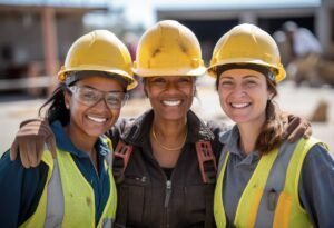 Female constructors posing together at the construction site