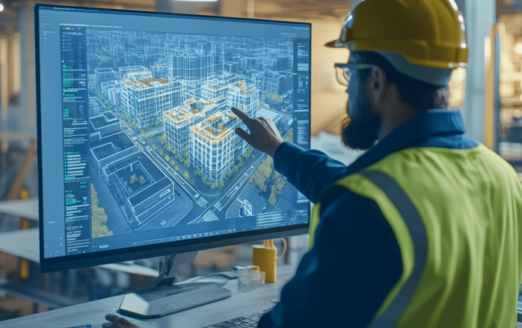 Construction manager using advanced technology to review a construction site