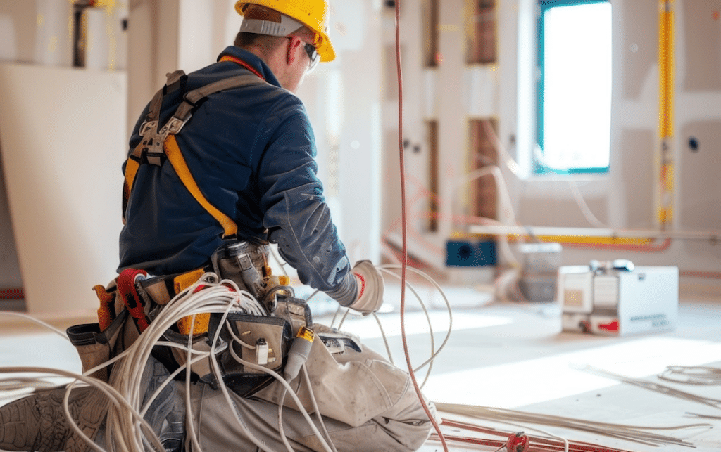 Specialty Contractor working with loose wires at a construction site