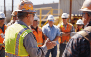 Construction manager reviewing safety tips with workers on the construction job site