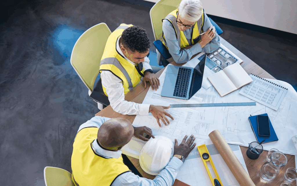 Construction professionals gathered together discussing a new construction project
