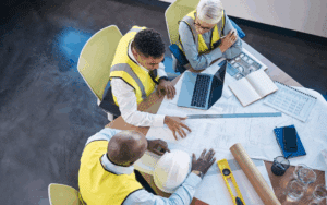 Construction professionals gathered together discussing a new construction project