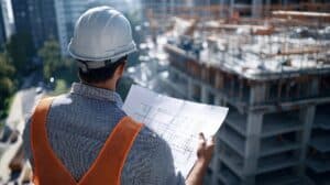 Construction manager holding project blueprints while overseeing a construction project