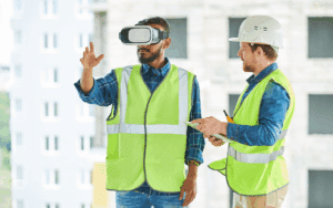 Construction worker using VR technology to support construction project work