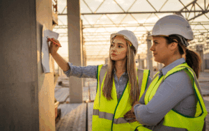 Female construction managers reviewing information at the job site