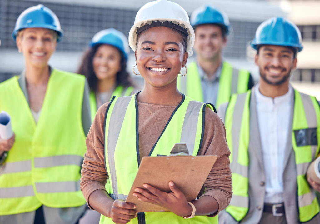 Construction professionals in the field posing during a construction project