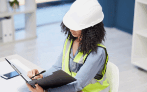 Construction instructor reviewing information in a school setting