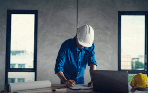 Construction manager reviewing important information at the job site