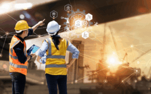 Tech-savvy managers using construction management software at a building site