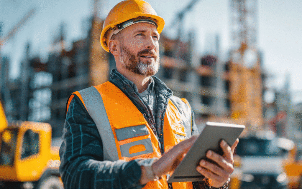 Construction manager using new technology on a job site