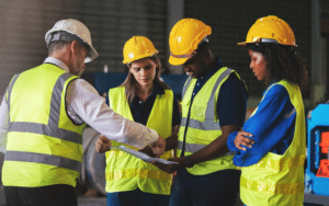 Construction Management students and professionals working together on a job site