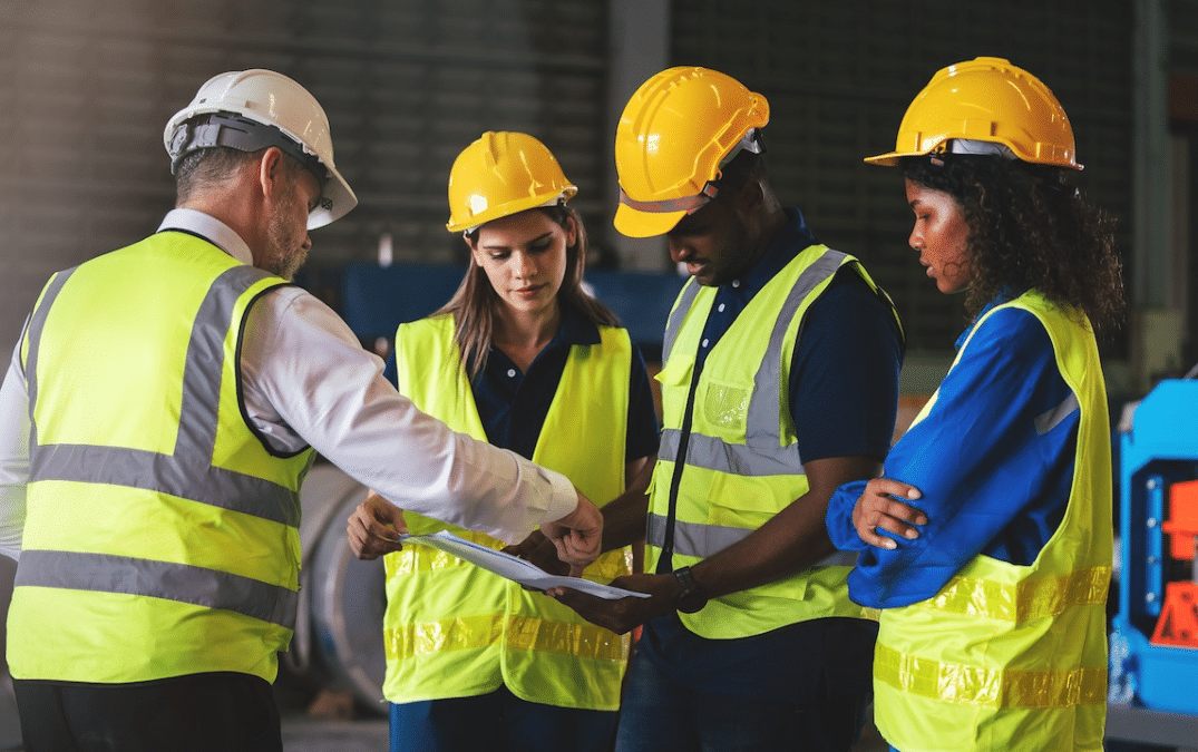 Construction Management students and professionals working together on a job site