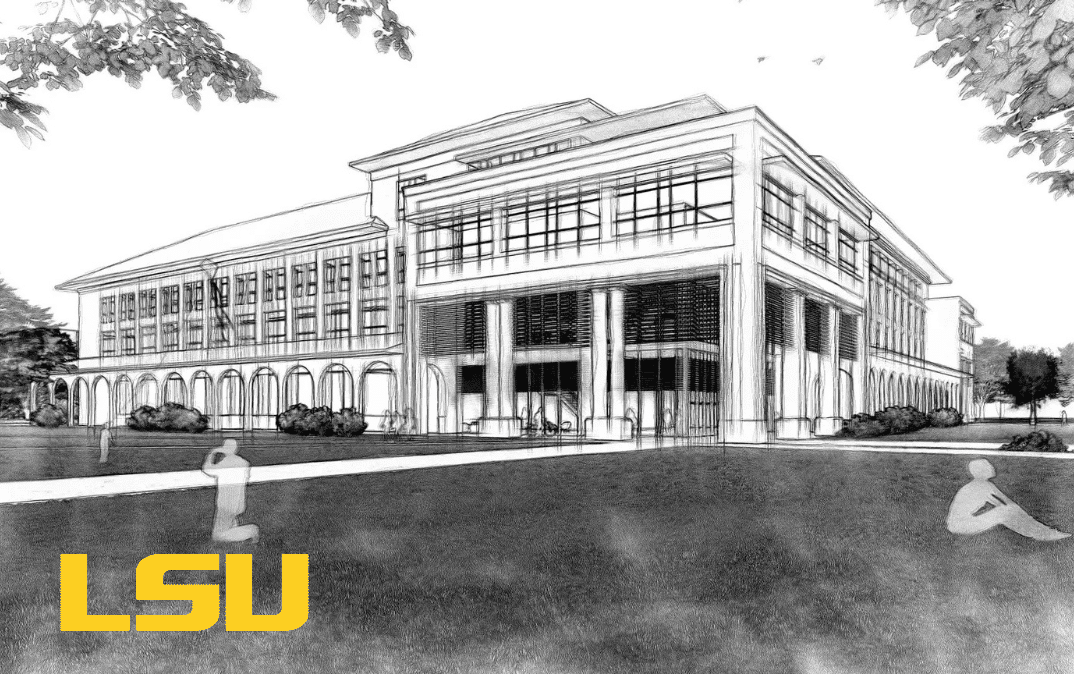 Rendering of proposed new construction management and engineering building at Louisiana State University (LSU) on their campus in Baton Rouge, LA