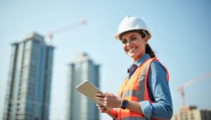 Construction professional holding a tablet overlooking a construction job site