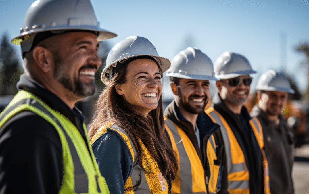 Construction professionals standing together at the job site