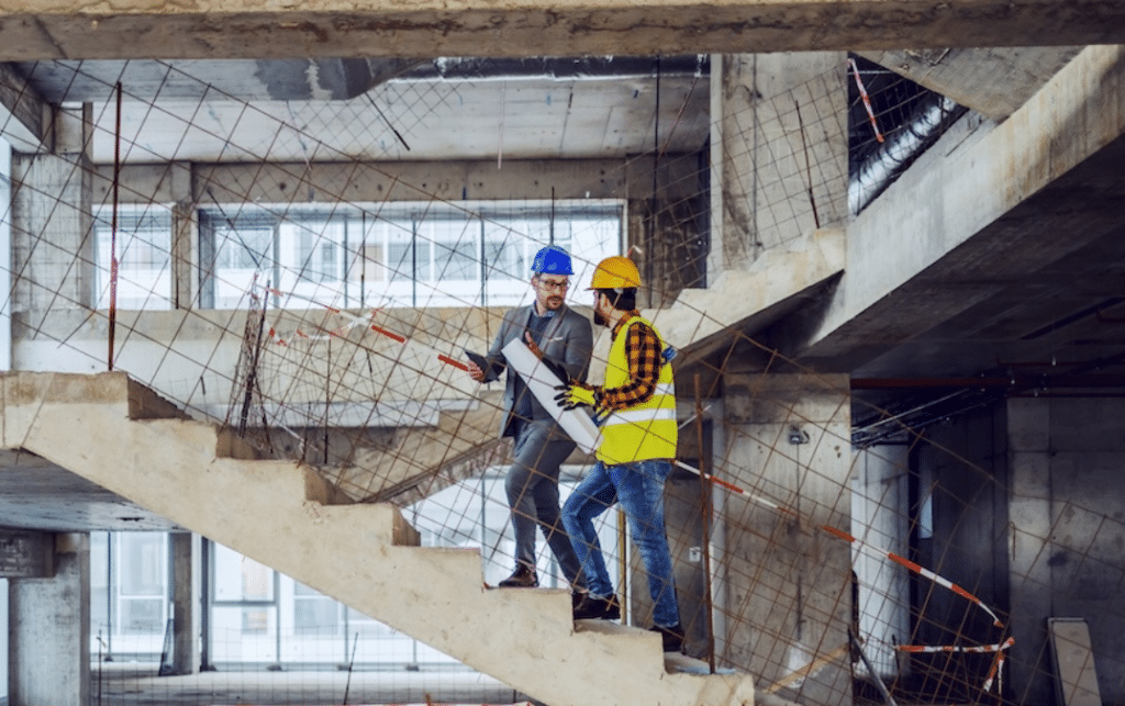 Construction managers talking and walking on a construction job site