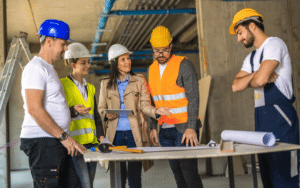 Construction manager leading a team at a complex construction site
