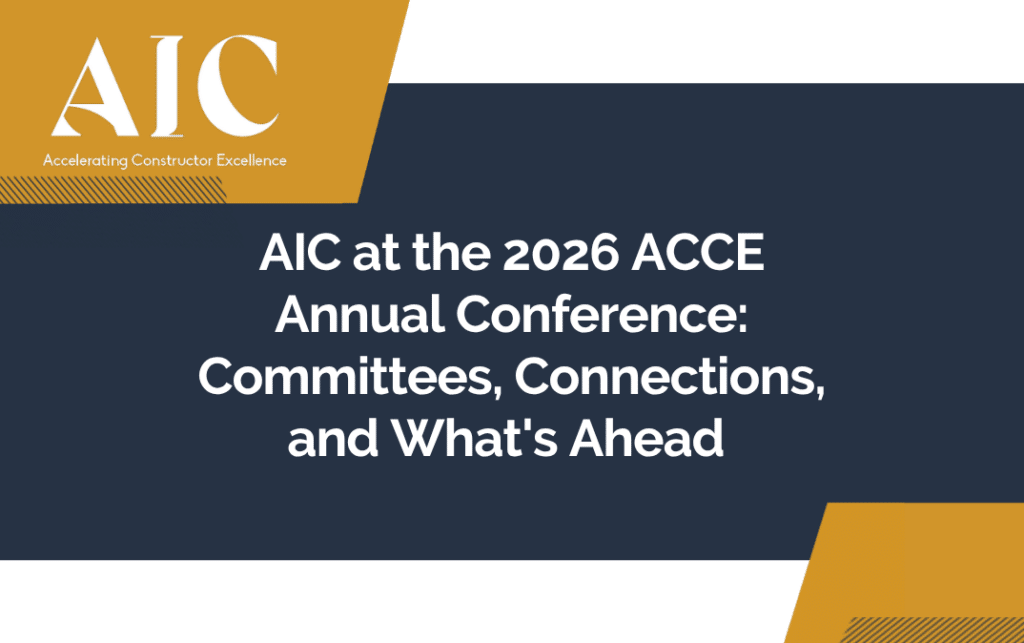 Graphic depicting AIC at the 2026 ACCE Annual Conference: Committees, Connections, and What's Ahead.